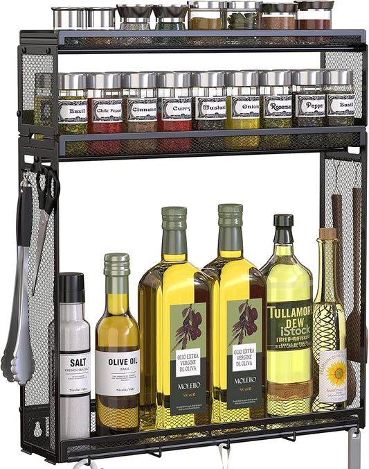 Docnest 3 Tier Wall Mounted Spice Rack with 9 Hooks-2 Installation Ways (Screw/Adhesive), Space-Saving Metal Spice Shelf for Jars & Seasonings, Hanging Organizer for Kitchen, Pantry, Home Decor, Black