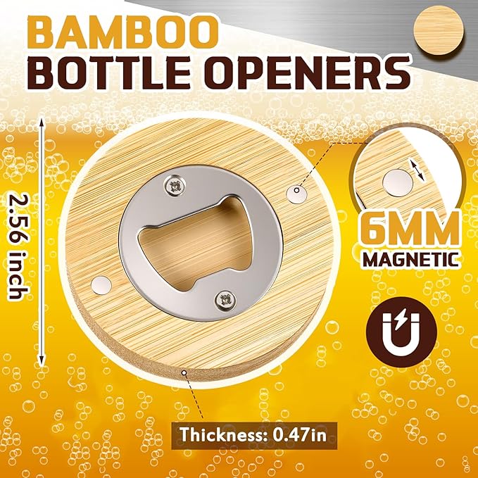 Vesici 50 Pcs Magnetic Bottle Opener 2.5in DIY Bamboo Round Shape Beer Openers Wooden Fridge Magnet Refrigerator Sticker Gift for Beer Lover Wedding Guest Kitchens Bars Parties - Image 2