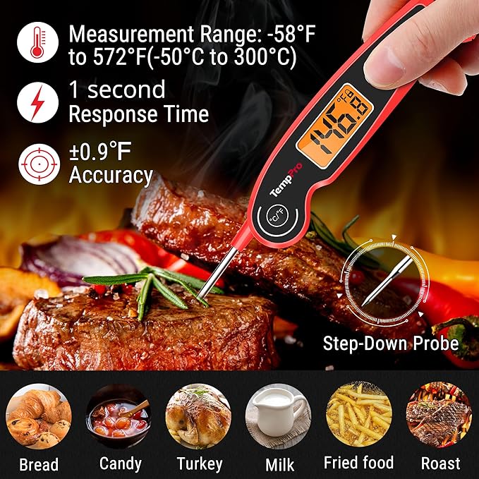 TempPro TP605 Instant Read Meat Thermometer for Cooking, Waterproof Digital Food Thermometer with Large Backlit LCD, Kitchen Thermometer for Grilling, Smoking & Candy Making (Previously ThermoPro) - Image 2