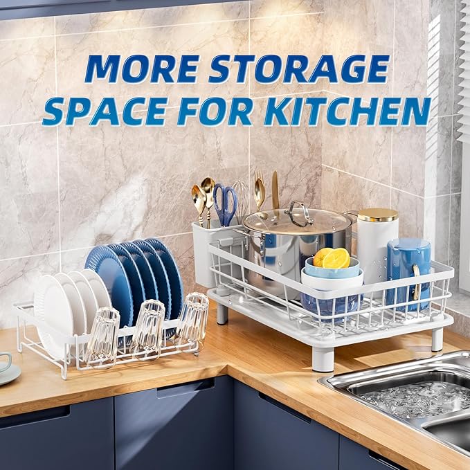 GAOKASE Dish Drying Rack, Stainless Steel-Dish Rack, Dish Racks for Kitchen Counter, Kitchen Dish Drainers with Removable Utensil Holder,New Drain Outlet,Plate Rack and Drainboard (White 3) - Image 6