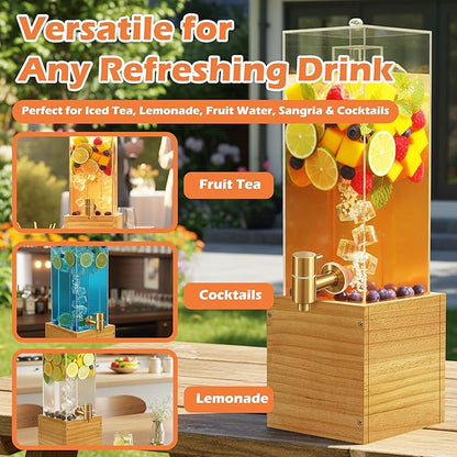 2 Gallon Drink Dispenser for Parties, Beverage Dispenser with Airtight Valve, Large Water Drink Dispenser, Water Dispenser with Wood Stand, Lemonade Dispenser for Water, Juice,Cocktails,Ice Tea