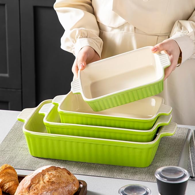 MALACASA Bakeware Set of 4, Porcelain Baking Pans Set for Oven, Casserole Dish, Ceramic Rectangular Baking Dish Lasagna Pans for Cooking Cake Kitchen, Green (9.4"/11.1"/12.2"/14.7"), Series BAKE.BAKE - Image 6