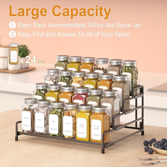 RUILALIFE 4-Tier-Spice-Rack-Organizer-for-Cabinet, Adjustable Depth Spice Holder Shelf For Countertop Pantry Cupboard, Metal Tiered Seasoning Organizer,Display Shelf Riser (Black-2 Pack) - Image 4