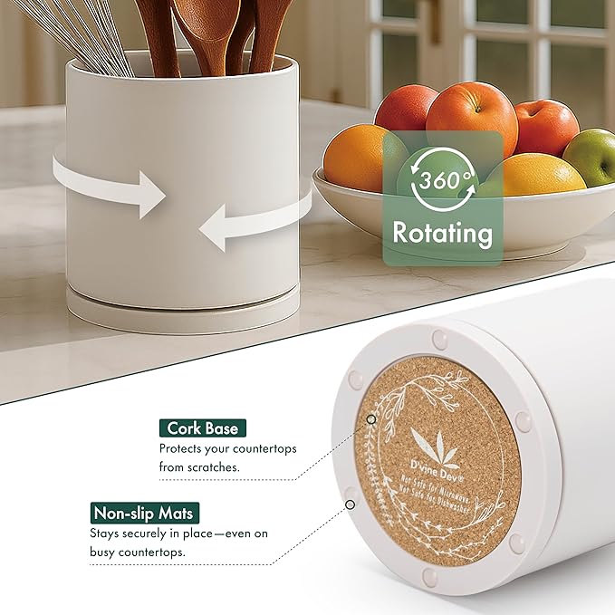 D'vine Dev 360° Rotating Utensil Holder Set – 7.2"+5" Kitchen Utensil Crocks for Countertop, Modern Cooking Tool Organizers for Kitchen Storage +Décor, Oatmeal, Set of 2, 72-Z-D-1 - Image 4