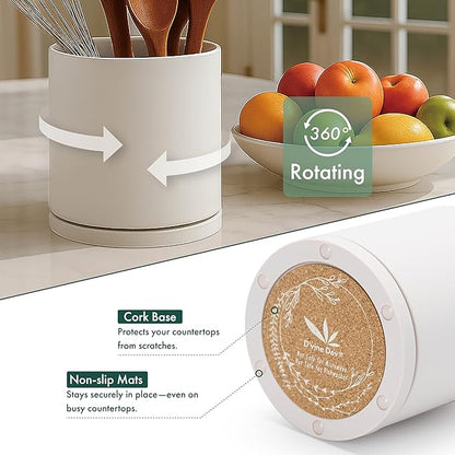 D'vine Dev 360° Rotating Utensil Holder – 5" Kitchen Utensil Crock for Countertop, Modern Cooking Tool Organizer for Kitchen Storage & Décor, Oatmeal, 72-X-D-1