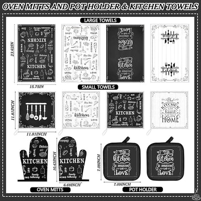 Bencailor 12 Pcs Farmhouse Kitchen Decor and Accessories Sets 4 Black and White Kitchen Towels 4 Absorbent Dishcloths 2 Pot Holders 2 Oven Mitts Gloves for Home Decor Mom Gifts