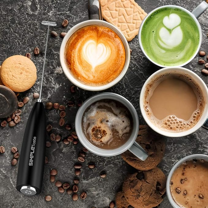 SIMPLETASTE Milk Frother Handheld Electric Foam Maker, Drink Mixer with Stainless Steel Whisk for Cappuccino, Bulletproof Coffee, Latte, Black, with Stand, Battery Operated - Image 4