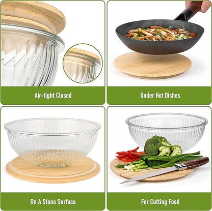 Stackable Space-Saving Set of 5 Nesting Glass Bowls with Bamboo Lids for Foodprep, Storage, Baking, Mixing & Cooking, Microwave & Oven Safe BPA Free Heat Resistant Inert Borosilicate Glass - Image 3
