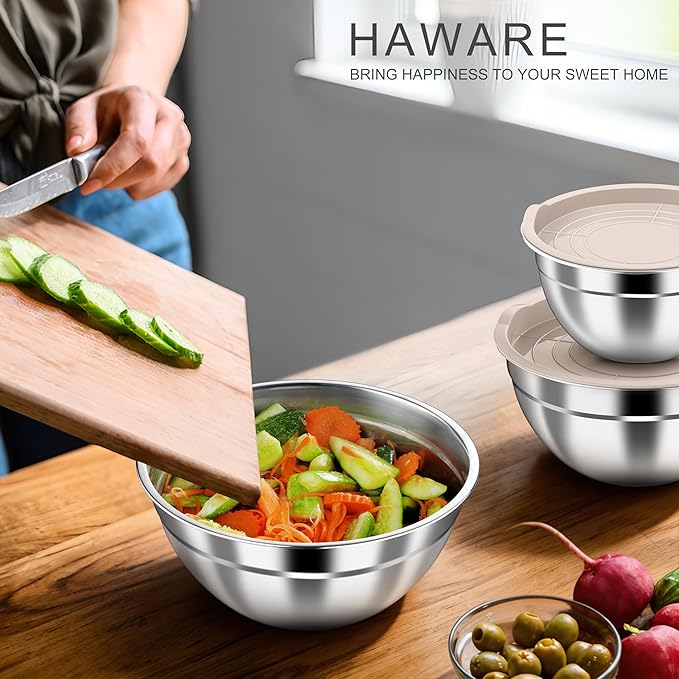 HaWare Mixing Bowls with Airtight Lids, 6-Piece Stainless Steel Salad Bowls, Strong Nesting Bowls for Cooking, Prepping, Baking, Serving & Food Storage, Stackable Design, Size 4.6, 3, 1.5QT, Khaki - Image 7