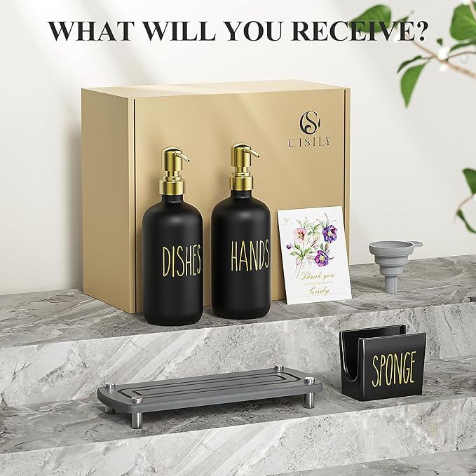 Cisily Kitchen Soap Dispenser Set Comes with Ceramics Sponge Holder, Gold Pumps, and Instant Dry Tray, Hand and Dish Soap Dispenser Set (4, Gold + Black + Sponge Holder) - Image 7