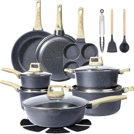 GiPP Ceramic Pots and Pans Set Non Stick - 22Pcs Nonstick Cookware Set, Non-Toxic Healthy Kitchen Cooking Set w/Frying Pans Set, Dishwasher Safe, PFAS PTFE PFOA PFOS Free, Dark Gray