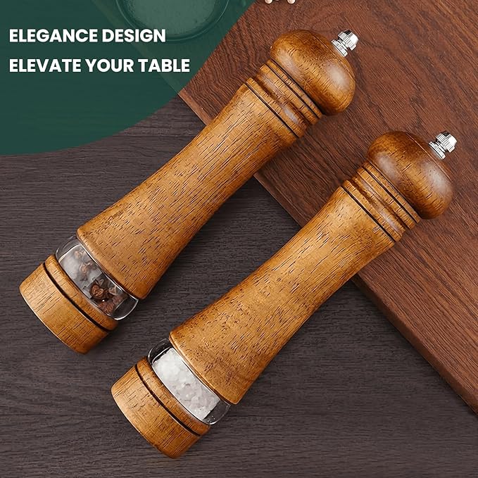 2-Piece Salt and Pepper Grinder Set, 8 Inch Wooden Salt and Pepper Mills with Adjustable Coarseness, Refillable Manual Pepper Mill Grinder for Home Cooks (Brown)