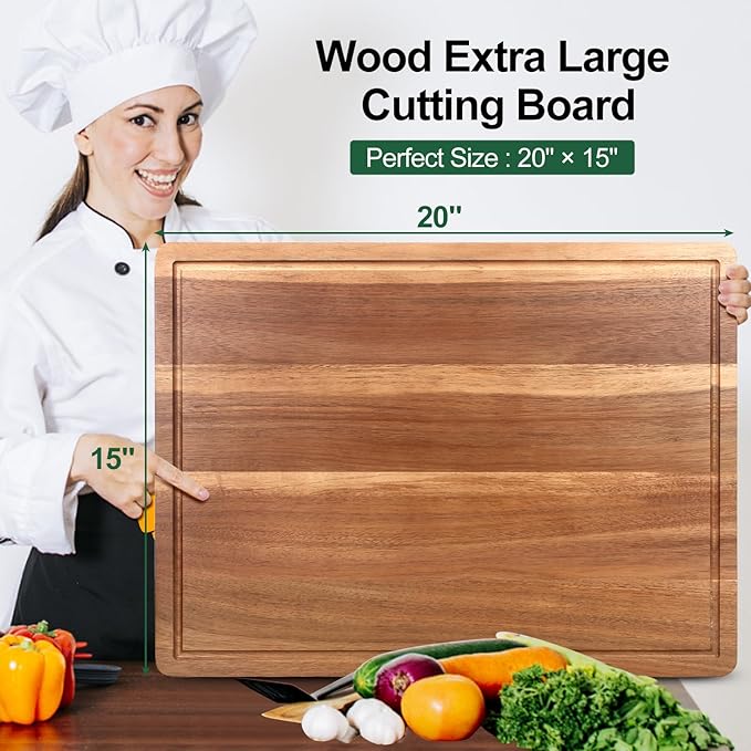 20" XL Extra Large Wooden Cutting Boards for Kitchen Charcuterie Boards Hardwood Solid Chopping Board Big Acacia Wood Cutting Board Meat Serving Cheese Board Thick Butcher Block Turkey Carving Board - Image 7