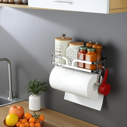 ZUNTO Wall Mount Paper Towel Holder with Shelf, Self Adhesive or Drilling, Stick on Wall Paper Towel Bar Spice Rack for Kitchen, Garage Organizer and Storage, Silver - Image 5
