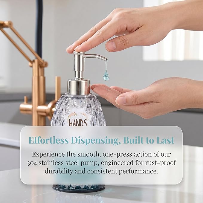 MALACHI Soap Dispenser Set, Crystal-Textured Diamond Glass with Rustproof Stainless Steel Pump, Dual-Labelled Hand & Dish Soap Dispenser for Kitchen & Bathroom