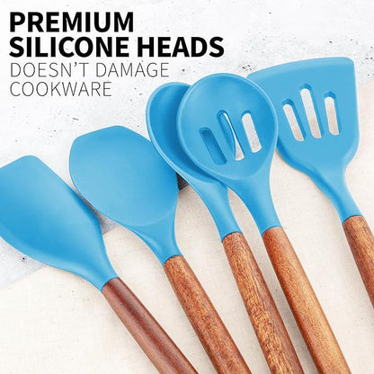 Zulay Kitchen Non-Stick Cooking Utensils Set with Authentic Acacia Wood Handles – 5-Piece Durable & Stylish Silicone Kitchen Utensils Set – Heat Resistant to 464°F – Blue - Image 9
