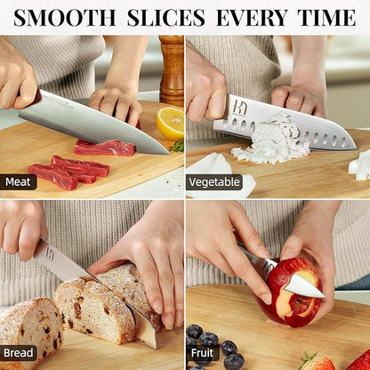 KnifeSaga Knife Set, 14 Pcs Premium Japanese High Carbon Stainless Steel Kitchen Knife Set, Razor Sharp Knife Block Set with Built-in Sharpener, Quality Acacia Wood Block Knife Sets Ergonomic Handle - Image 7