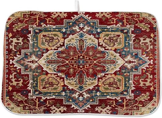 Burgundy Red Dish Drying Mat 18 x 24 inch Bohemian Rug Carpet Decorative Drying Mats Microfiber Absorbent Boho Dish Washable Draining Mat for Kitchen Counter Decor