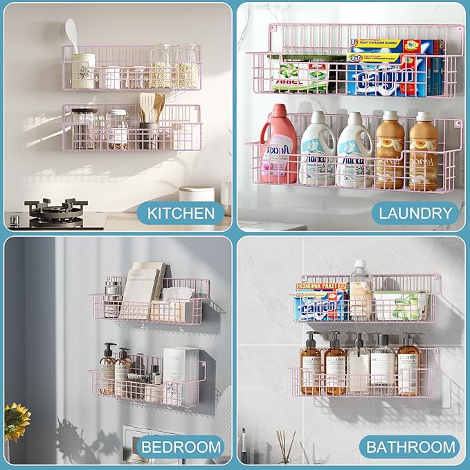 Spice Rack, 4-Pack Seasoning Organizer Wall Mounted for Kitchen Storage Organization, Metal Spice Holder Shelf for Cabinet, Pantry, Pink - Image 3