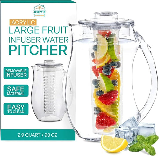 Large Fruit Infuser Water Pitcher (2.9 Quart / 93 Oz) – Shatterproof Acrylic Infusion Jug for Iced Tea, Juice, Beverages, Water, Lemon, Fruit & Herbs – BPA Free by JOEYZ