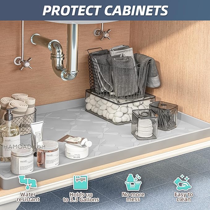 SIKADEER Waterproof Under Sink Mat 22x19, Raised Edge Silicone Mat Under Sink Shelf Liner, Sink Protector Kitchen Cabinet Tray for Bathroom Vanity and Small Cabinets, Cat Food Mat - Image 4