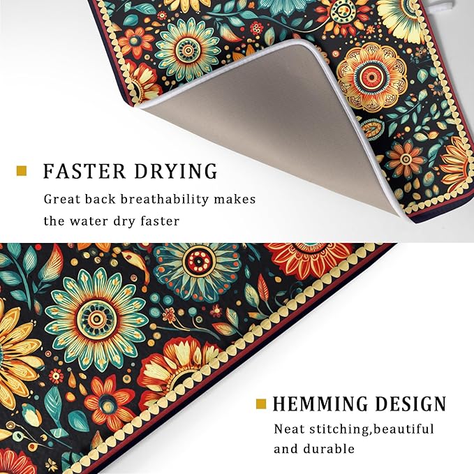 Boho Floral Dish Drying Mat for Kitchen Counter Absorbent Microfiber Flowers Drying Pad 18 X 24 In - Image 3