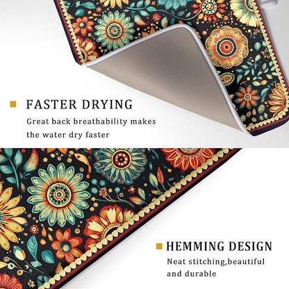 Boho Floral Dish Drying Mat for Kitchen Counter Absorbent Microfiber Flowers Drying Pad 18 X 24 In - Image 3