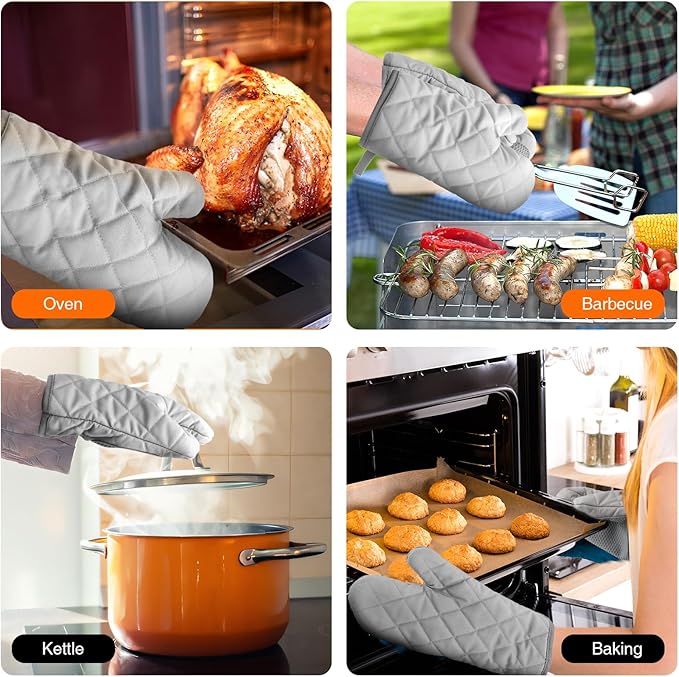 Silicone Oven Mitts, Heat Resistant 2PCS Oven Mitts with Soft Cotton Lining, Waterproof Non-Slip Grip Oven Glove, Kitchen Potholder Mits for BBQ, Baking, Cooking, 10.5Inch - Dark Grey - Image 6