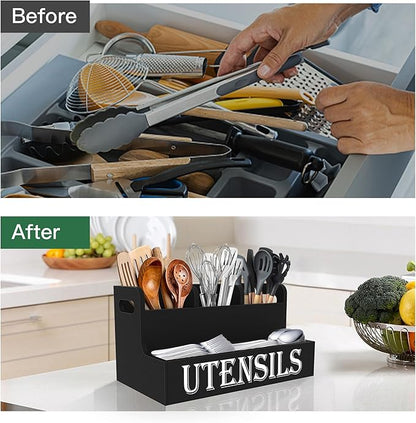 Suli Kitchen Utensils Holder, Wooden Utensil Organizer for Kitchen Countertop, Farmhouse Utensil Storage, Rustic Cooking Utensils ,4 Compartments,- Black