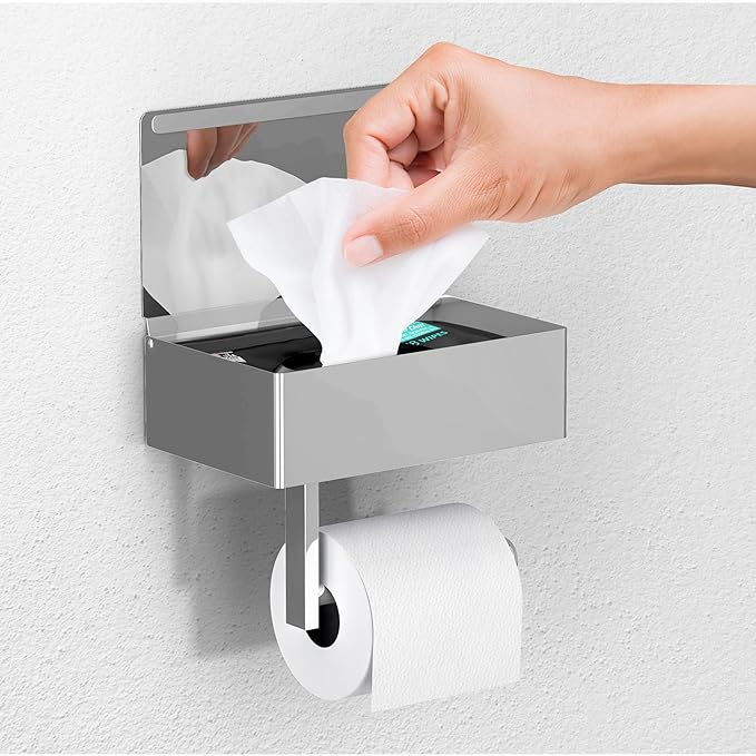 Day Moon™ - Toilet Paper Holder with Shelf - Modern Roll Holder for Bathroom - 1 Pack - Wall Mount - with Storage, Polished Chrome by DayMoonDesigns