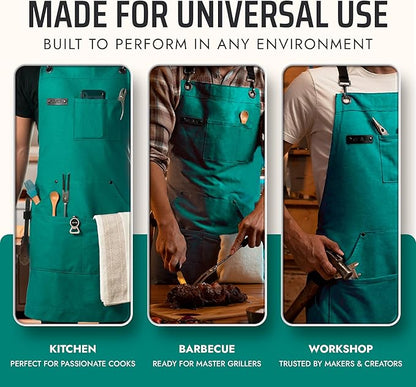 Asaya Chef and BBQ Apron with Bottle Opener and Hand Towel - 10oz Cotton Canvas, Stainless Steel Hardware - Cross Back Straps - Image 7