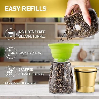 Home EC Original Gold Salt and Pepper Grinder Set of 2 - Adjustable Ceramic Grinder - Glass Salt and Pepper Shakers With Funnel and Ebook - Kitchen Spice Mill - Gold Kitchen Accessories - Image 4
