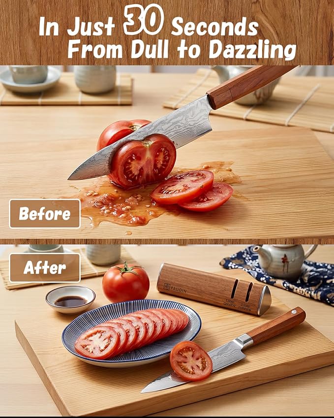 PAUDIN Walnut Knife Sharpener – 2-Stage Sharpening for Dull Knives, Safe for High-Carbon Steel Blades, Easy to Use – No Water, No Mess, One-Pull Sharpening, Kitchen Sharpener for Knives and Scissors