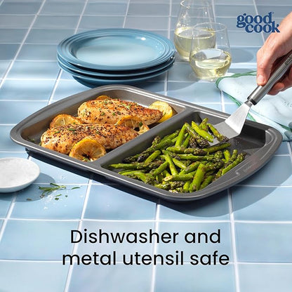 GoodCook Everyday Divided Sheet Pan 1-Inch Deep 2-Section Non-Stick Scratch-Resistant Carbon Steel Construction for Meal Prepping & Sheet Pan Dinners, 11x16-Inch, Gray