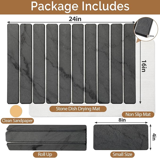 Large Stone Dish Drying Mat for Kitchen Counter, Quick Dry Stone Dishes Mats,Foldable Water Absorbing Diatomaceous Earth Drying Organizer Pad for Plate Rack Bottles Utensils(Dark Gray 24"×16" & 8"x4") - Image 2