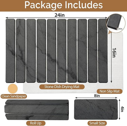 Large Stone Dish Drying Mat for Kitchen Counter, Quick Dry Stone Dishes Mats,Foldable Water Absorbing Diatomaceous Earth Drying Organizer Pad for Plate Rack Bottles Utensils(Dark Gray 24"×16" & 8"x4") - Image 2