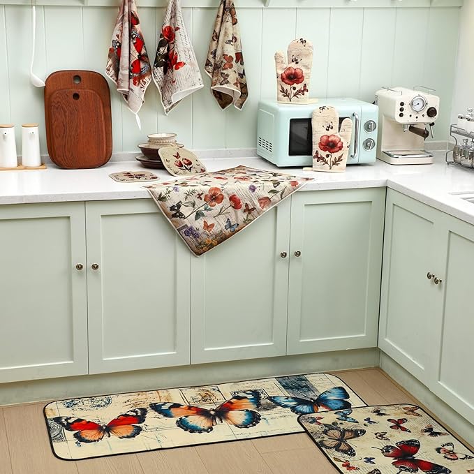 Fourluoo 10 Pcs Butterfly Kitchen Dish Towels Rugs Oven Mitts and Pot Holders Set Farmhouse Kitchen Decor Set for Women Mom Daughter Gift Cooking Baking Grilling(Classic Colors)