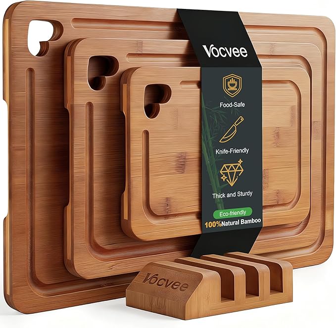 Bamboo Cutting Boards for Kitchen(Set of 3), Wood Cutting Board with Wood Storage Stand, Charcuterie & Chopping Board for Vegetables and Meat, with Deep Juice Groove, Ideal Kitchen Gifts by Vocvee