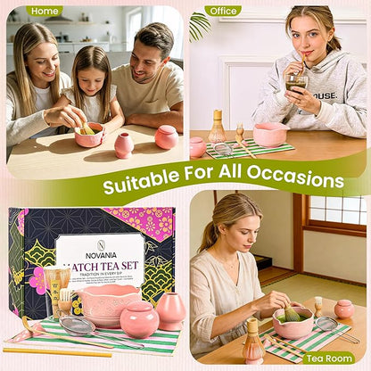 NOVANIA Pink Matcha Whisk Set - 10Pcs Premium Japanese Bamboo Matcha Kit with Bowl, Whisk Holder, Scoop, Sifter, Scoop Holder, Tea Cloth, Canister, Straw and Brush - Complete Set for Tea Lovers