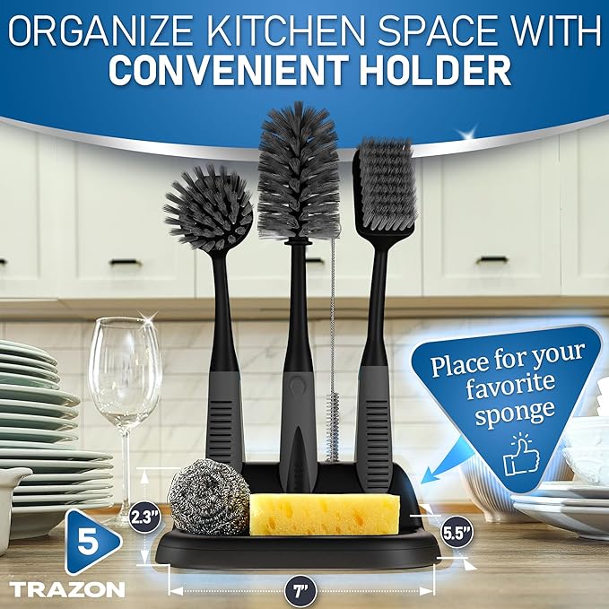 Dish Brush Set of 5 with Holder - Kitchen Scrub Brushes with Non-Slip Long Handle for Cleaning, Scrubber, Dishwashing, Dishes, Bottles, Straws, Cups, Pots & Sink, Black - Image 5