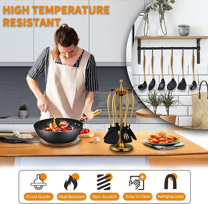 Kitchen Utensils Set, Large Non-stick Silicone Cooking Utensils Set 6 Pcs,Made of 446°F Heat Resistant Food Grade Silicone and Stainless Steel Handles,Easy to Clean Kitchen Gadgets Set (Gold)