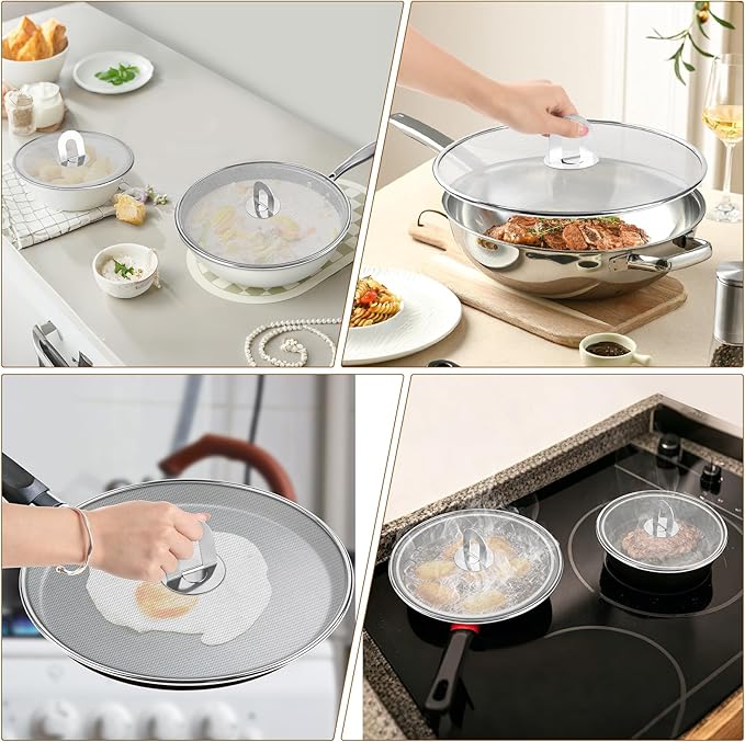 4-Pack Splatter Screens for Frying Pan - Stainless Steel Grease Splatter Guard with Foldable Knob