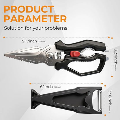 Heavy Duty Kitchen Scissors with Peeler Sheath - Spring Loaded Poultry Shears for Chicken, Meat & Fish - Multipurpose Food Scissors with Safety Lock & Non-Slip Handle, Dishwasher Safe