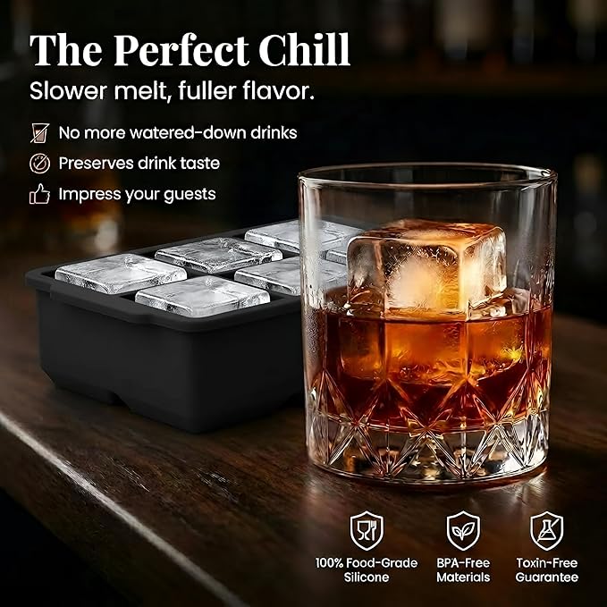KitchFort Large Silicone Ice Cube Tray (2-Pack), Easy Release 2" Big Ice Cubes - Cocktail, Whiskey Ice Cubes Mold - Ice Trays for Freezer with Lid - Stackable Silicone Ice Tray - Black - Image 5