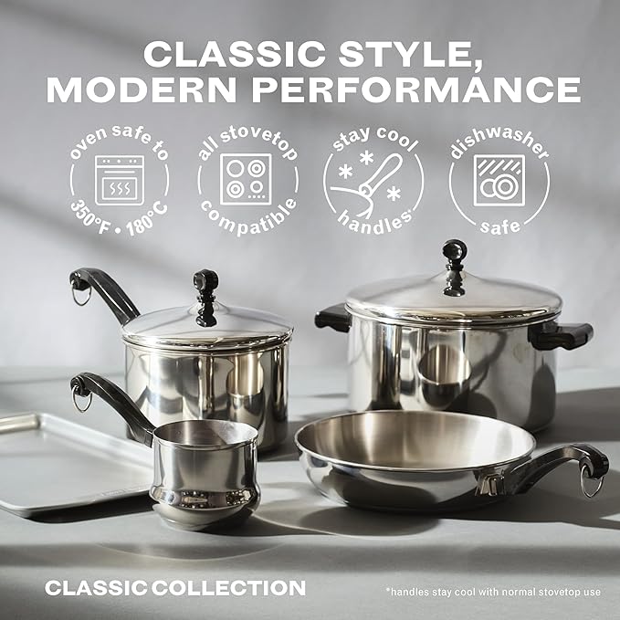 Farberware Classic Series Stainless Steel Pots and Pans with Baking Sheet Pan, Cooking Tools, and Lids, Induction Ready, Dishwasher Safe, 10 Piece Cookware Set, Metal Utensil Safe - Stainless Steel - Image 8
