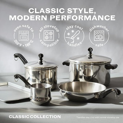 Farberware Classic Series Stainless Steel Pots and Pans with Baking Sheet Pan, Cooking Tools, and Lids, Induction Ready, Dishwasher Safe, 10 Piece Cookware Set, Metal Utensil Safe - Stainless Steel - Image 8