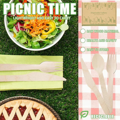 Wooden Utensils Set - Disposable Cutlery Set 360 Pieces (120 Forks 120 Spoons 120 Knives) Wooden Compostable Utensils Cutlery Combo Set- Eco-Friendly Biodegradable Utensils for Party