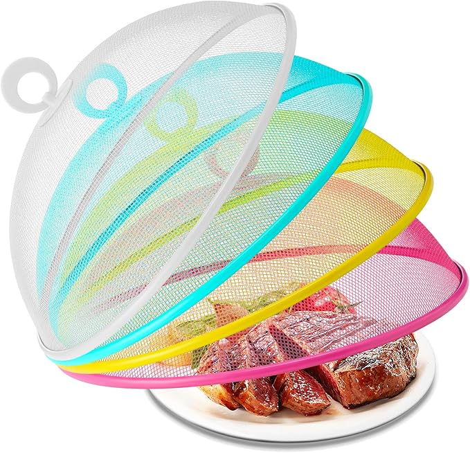 Foaincore 8 Pcs Metal Mesh Food Covers Tent Umbrella 11 Inch Outside Mesh Food Net Tents Dome Screen Plate Covers for Outdoor Picnic Camping Keep out Flies Bugs Mosquitoes (Yellow, White, Pink, Blue)