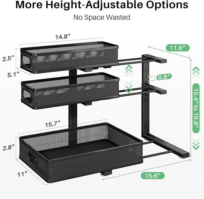 Kitstorack Under Sink Organizer, 2-Pack 3-Tier Height Adjustable Thickened Metal Pull out Cabinet Organizer Shelf, Slide out Storage Drawer Rack for Bathroom Kitchen Pantry Home Laundry Organization - Image 3