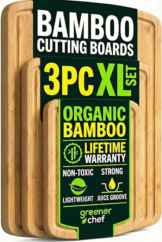 Greener Chef Luxury Wood Cutting Board 3-Piece Set with Vertical Grain Strength Technology - Extra Large Bamboo Cutting Boards for Kitchen with Deep Juice Grooves for Chopping - Lifetime Replacements by GreenerChef
